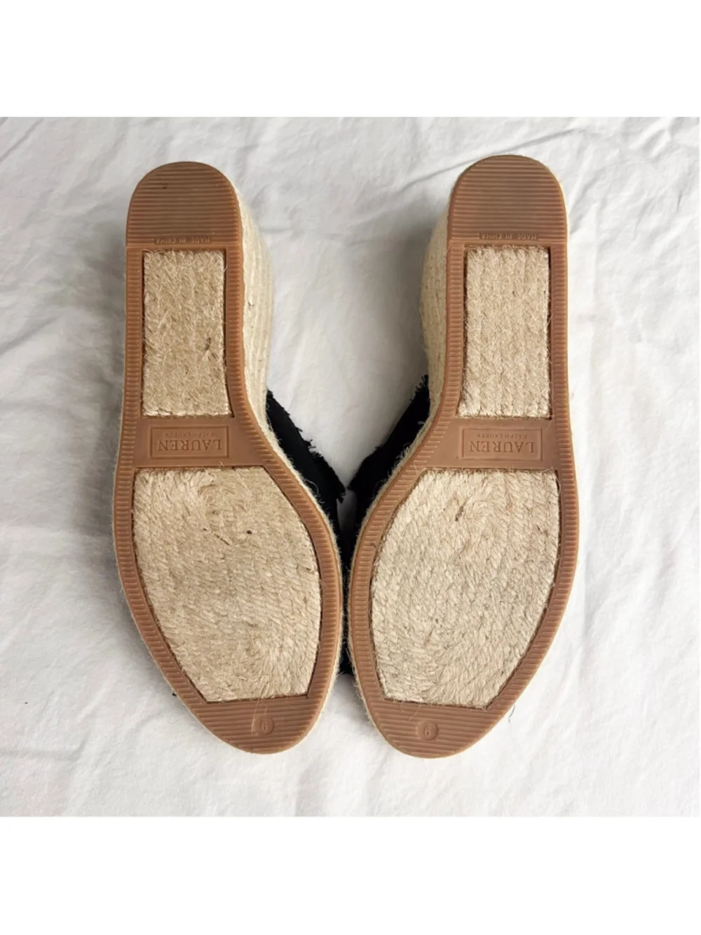 Lauren Ralph Lauren Carlynda Black Linen Wedge Espadrille Sandals Sz 9 Peep Toe